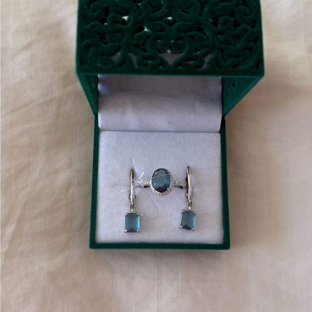 Silver Turquoise Gemstone Ring and Drop Earrings Set